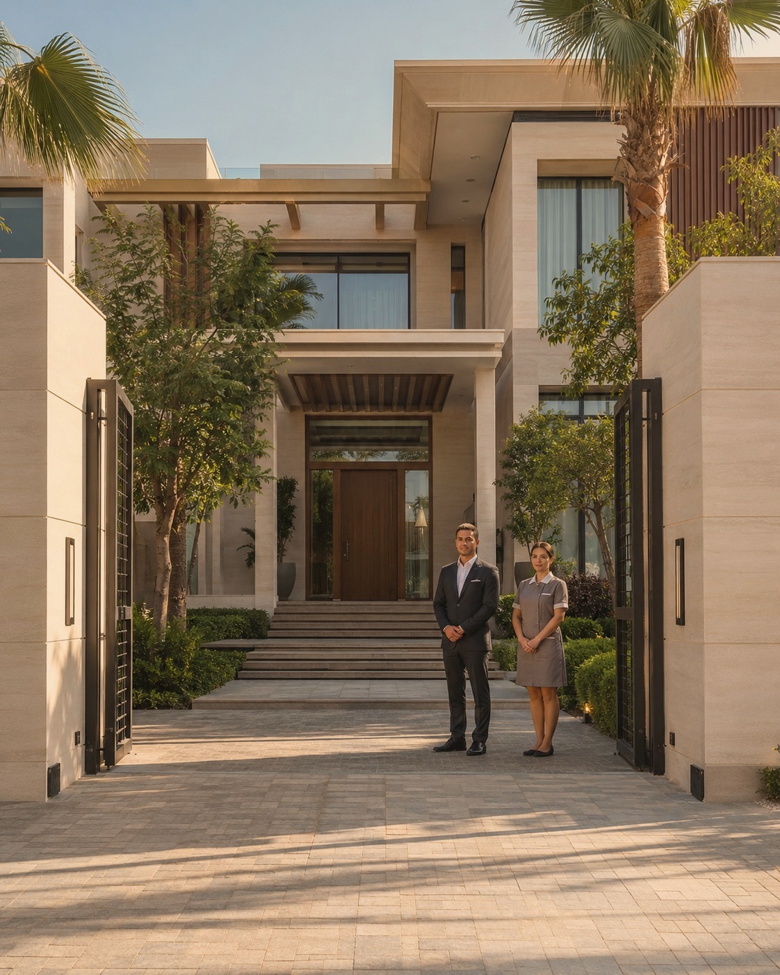 A guest relations officer and housekeeper waiting at the entrance of a private residence