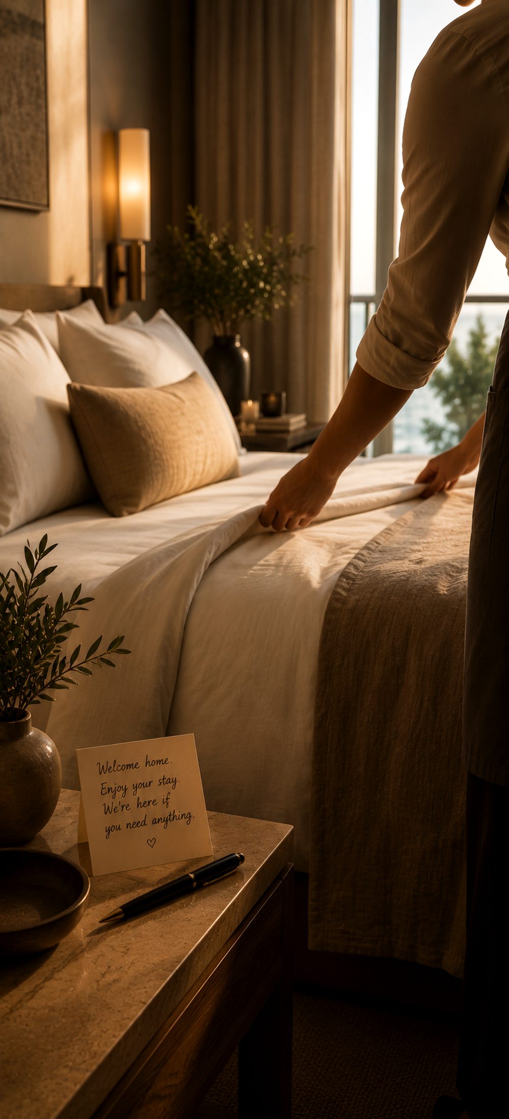 Bedroom readied before arrival with a welcome note