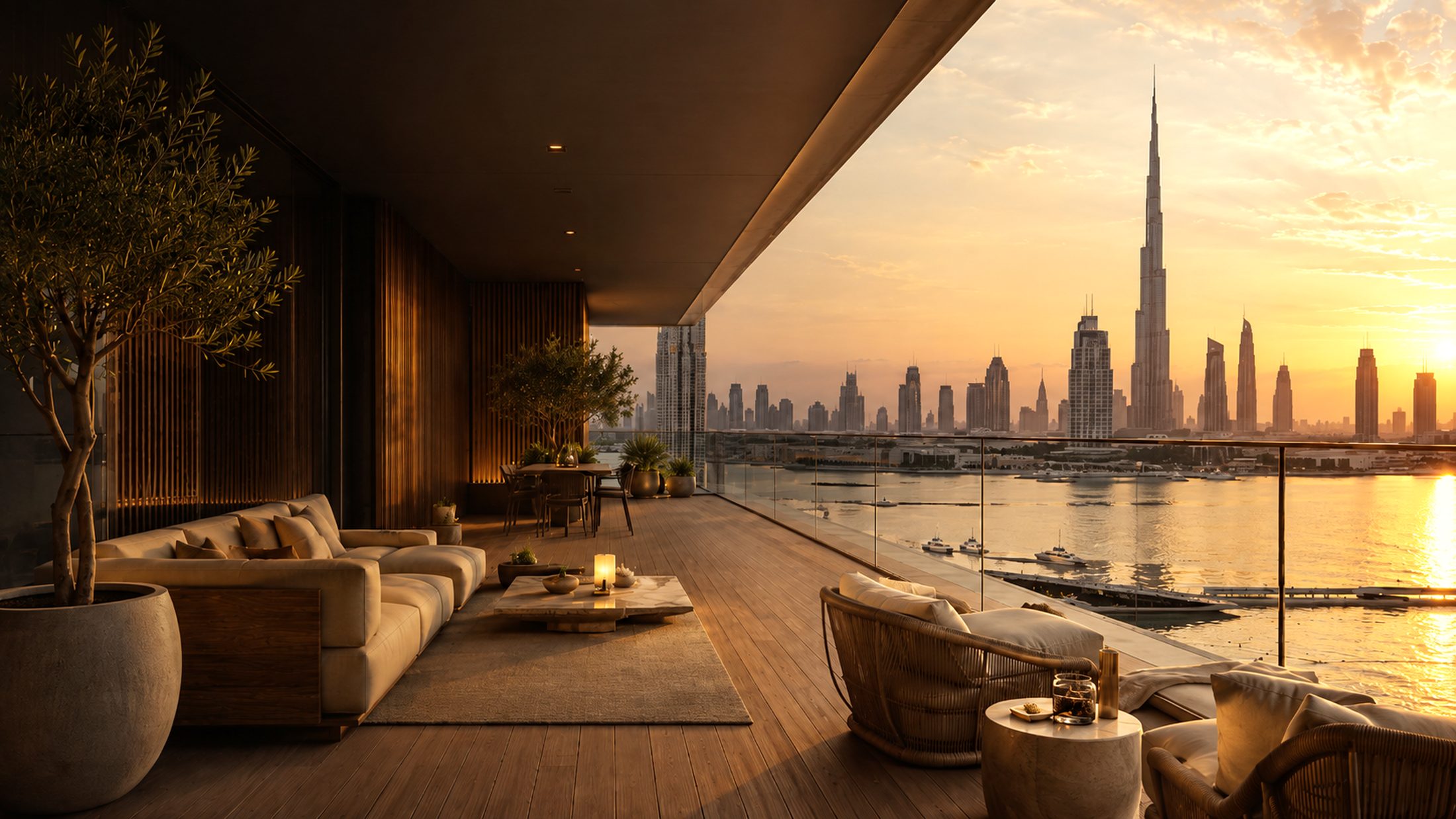 Private residence terrace at dusk, Dubai skyline
