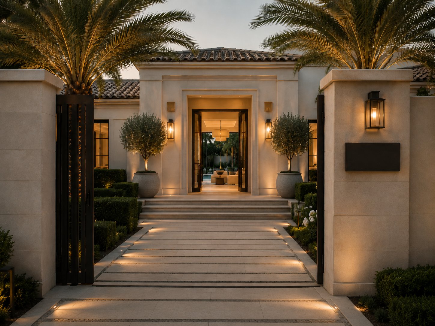 Arrival at a private residence at dusk