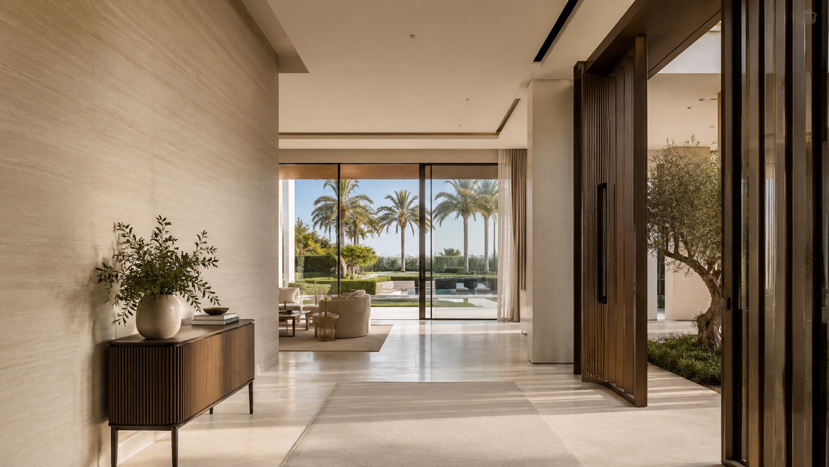 Entrance hall of a private residence opening through to the garden