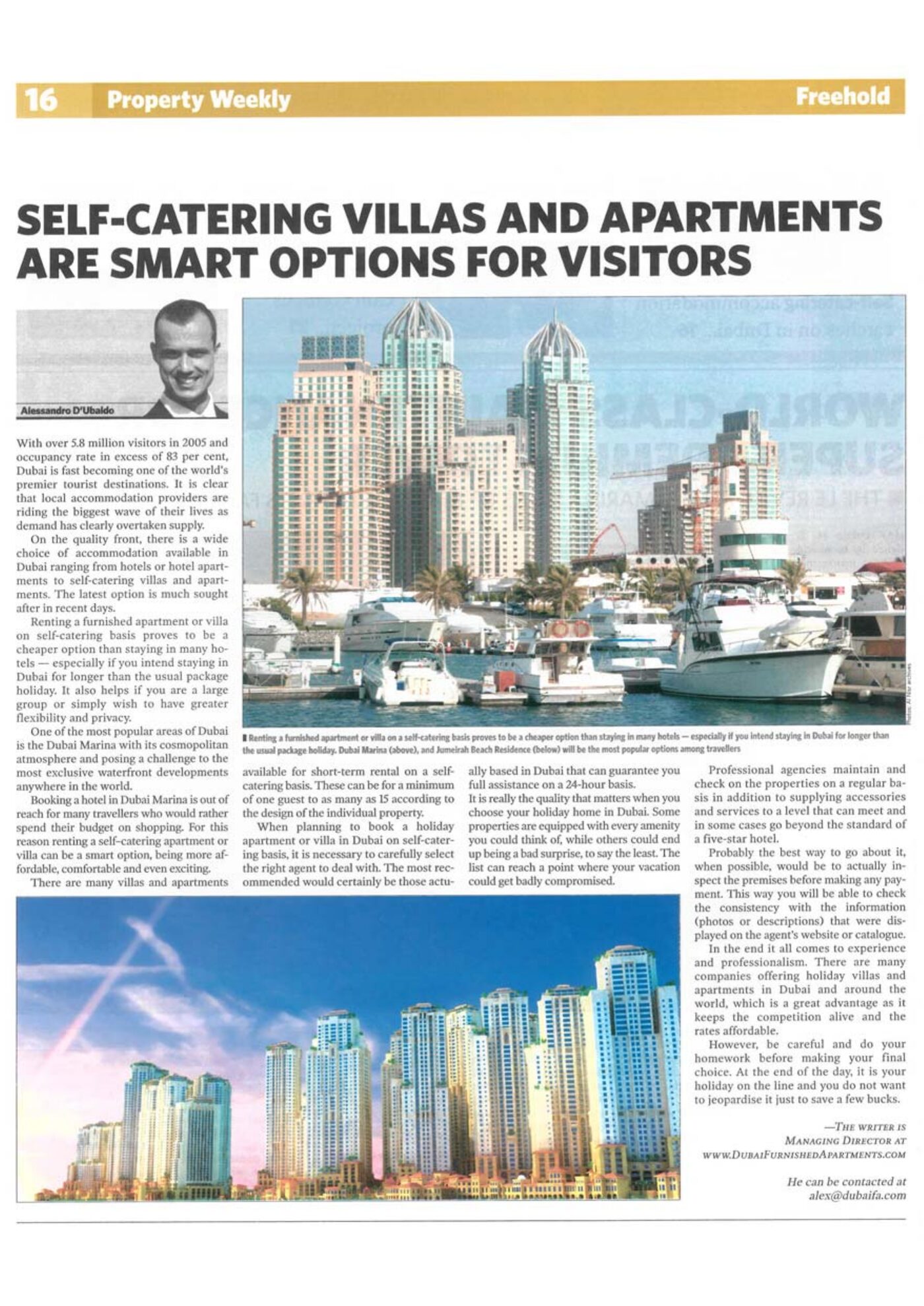 Property Weekly, Gulf News. Self-Catering Villas and Apartments Are Smart Options for Visitors, by Alessandro D'Ubaldo