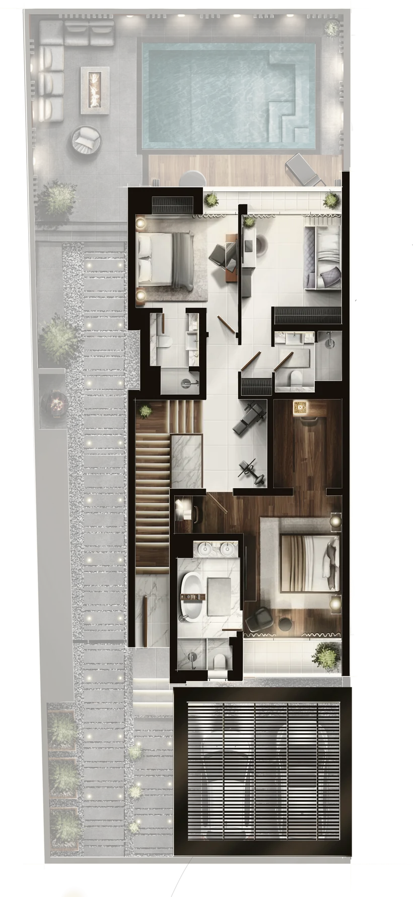 First floor plan in colour: three bedroom suites with bathrooms, landing and stair