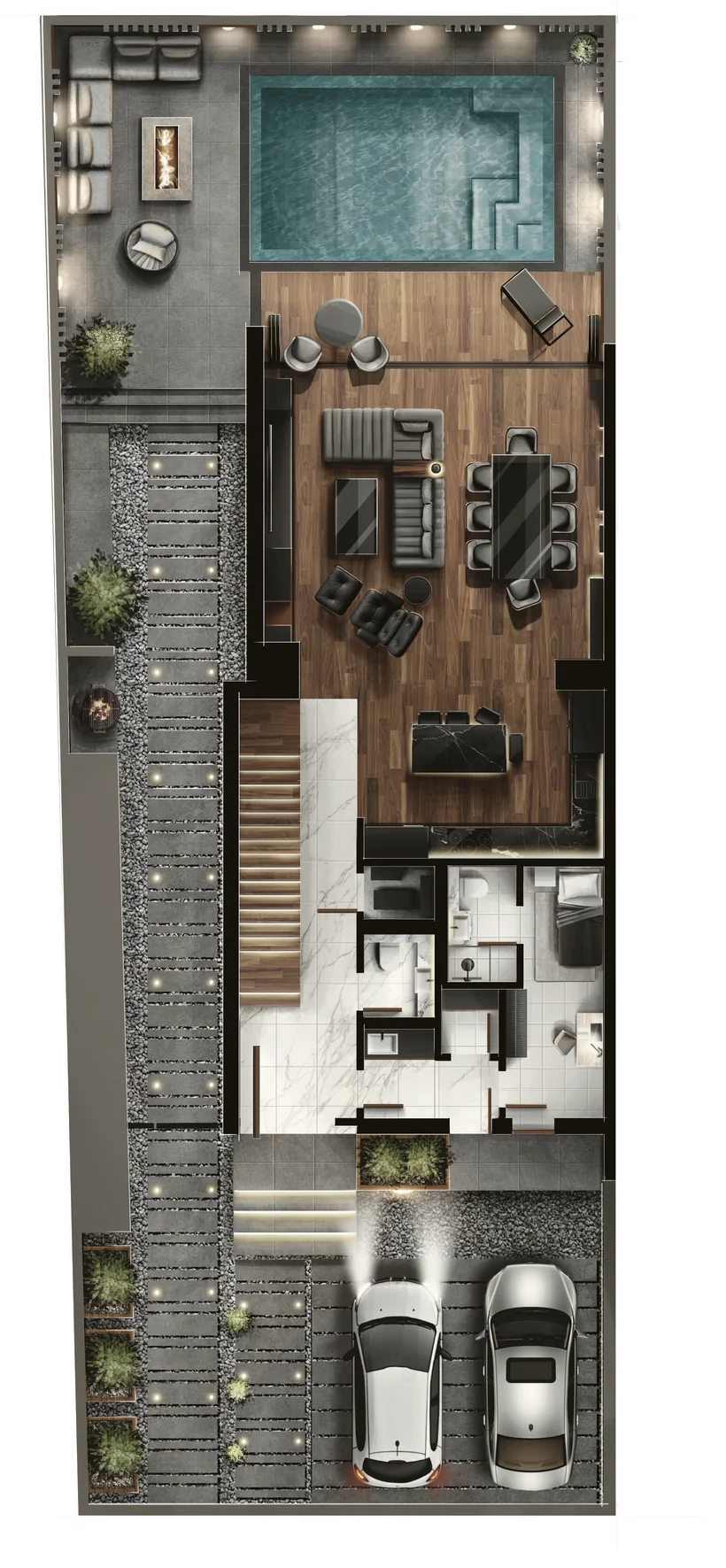 Ground floor plan in colour: pool and terrace, living and dining, marble entrance hall, and staff quarters off the car park with their own external door