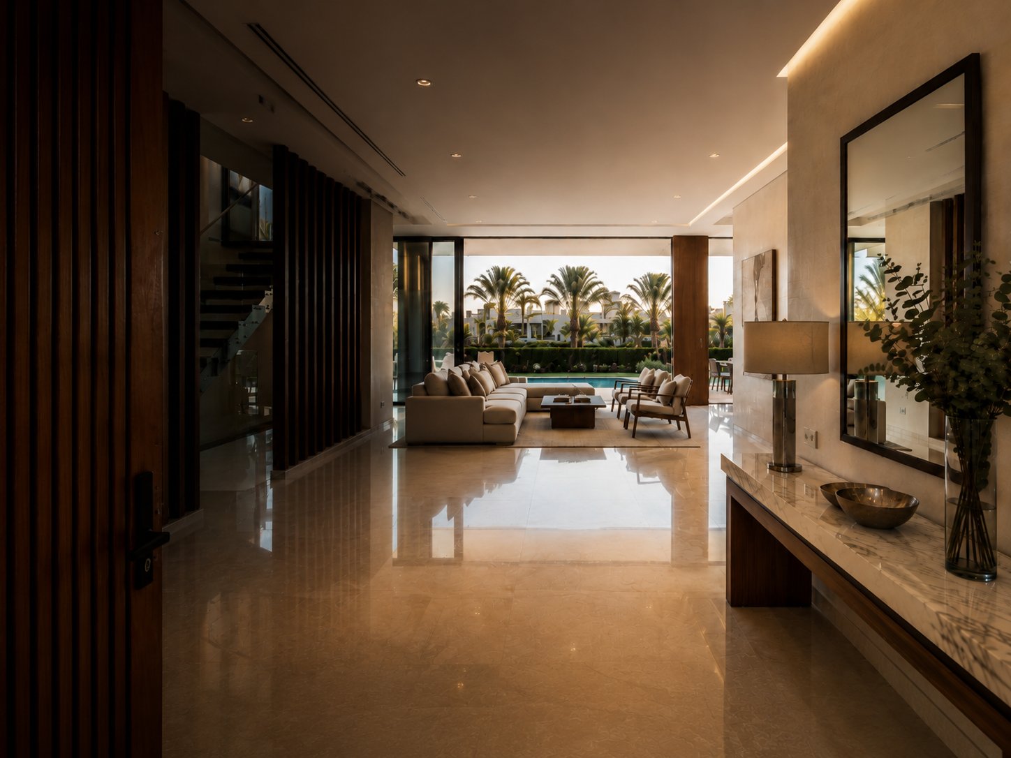 Marble entrance hall opening to a landscaped garden